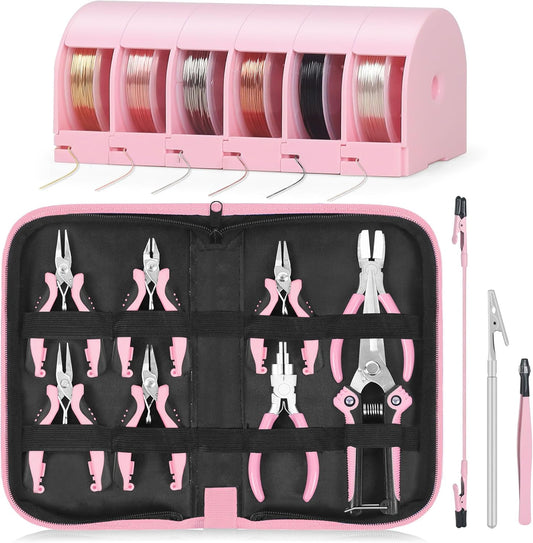 Toolour Jewelry Pliers Set Jeweler Making Tools with 6 Rolls Beading Wire Kit for Jewelry Supplies DIY Hobby Repair Crimping Wrapping,Pink Professional Craft Pliers for Adults Beginner