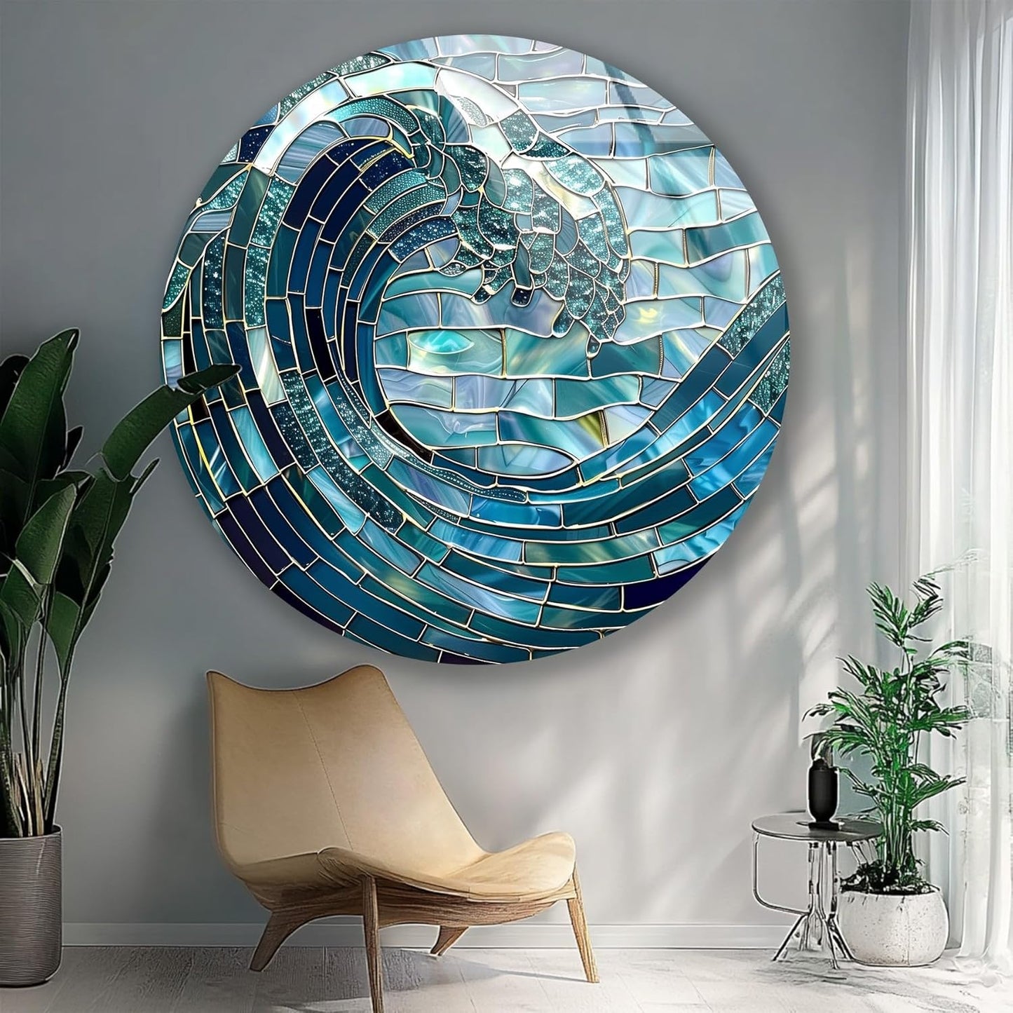 My Photostation.com 15.8''(40cm) Diameter Ocean Wave in Blue Mosaic Round Glass Wall Art Tempered Glass Printing Wall Decor Large Wall Art Wall Hangings