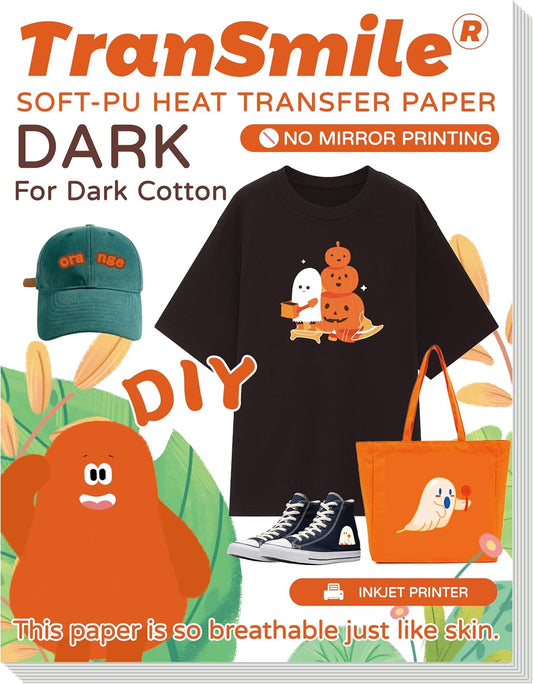 TranSmile PU-Heat Transfer Paper for Inkjet Printer (40 Sheets, 8.5x11", Dark) Iron on Transfers for Dark Fabric, Printable Heat Transfer Vinyl for T Shirts, Vibrant & Washable