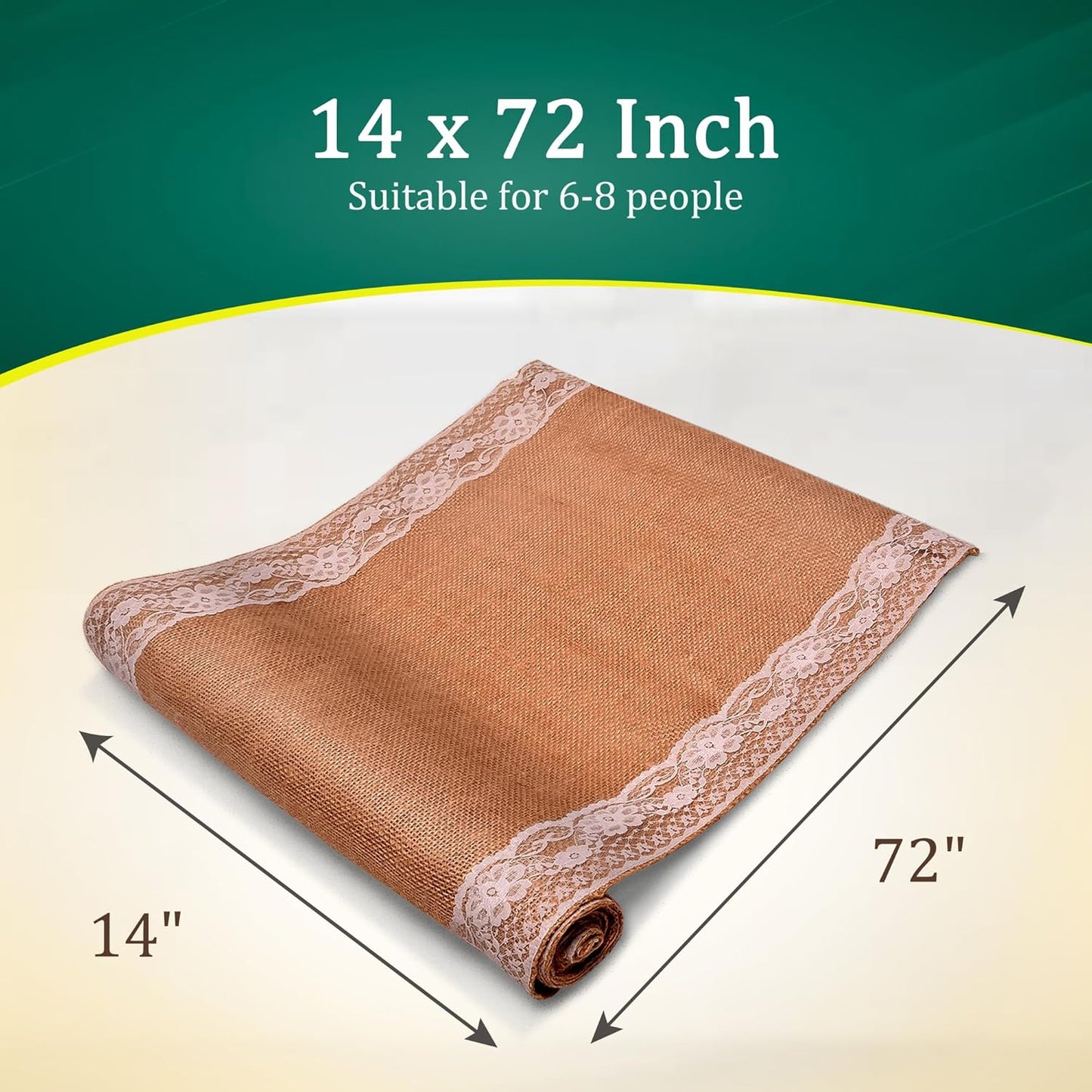 Burlap Lace Table Runner (Pack of 6) – 14”x 72” - No-Fray Finished Edge Natural Table Runner – No Odor, Eco-Friendly Burlap Runner - Perfect for Christmas, Wedding, Thanksgiving