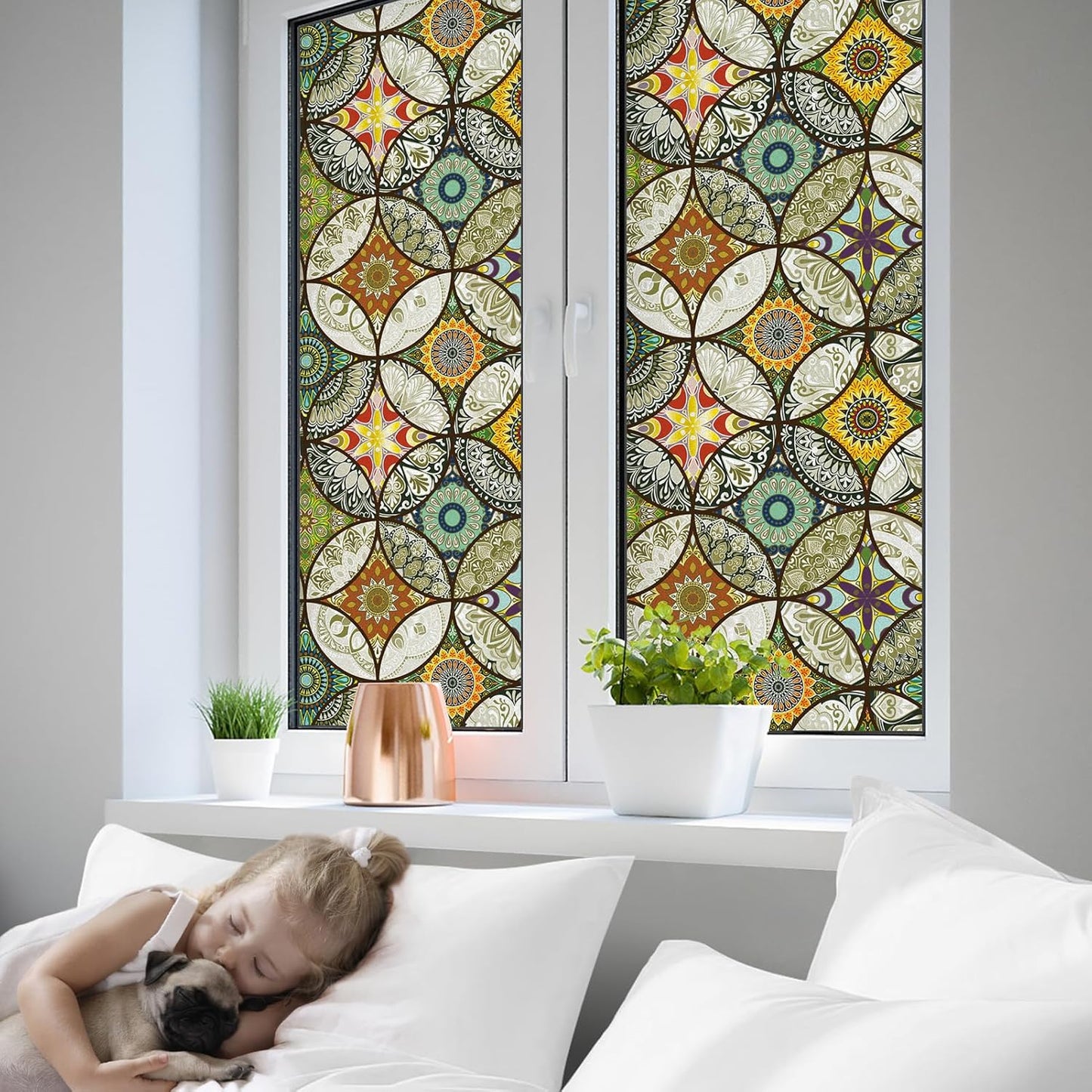DKTIE Static Cling Decorative Window Film with Installation Tools Non Adhesive Privacy Film, Stained Glass Window Film for Bathroom Shower Door Heat Cotrol Anti UV, 17.7 x 78.7 Inch