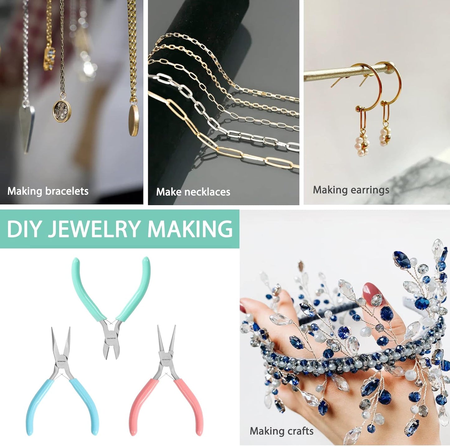 WORKPRO Jewelry Pliers Set, 3 Pack Jewelry Making Tool Kit Includes Mini Needle Nose Plier/Chain Nose Plier, Round Nose Plier and Wire Cutter for Jewelry Repair, DIY Crafts, Jewelry Making Supplies