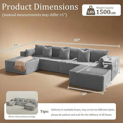 138" Cloud Sectional Couch, Comfort U Shaped Sofa - Image 2