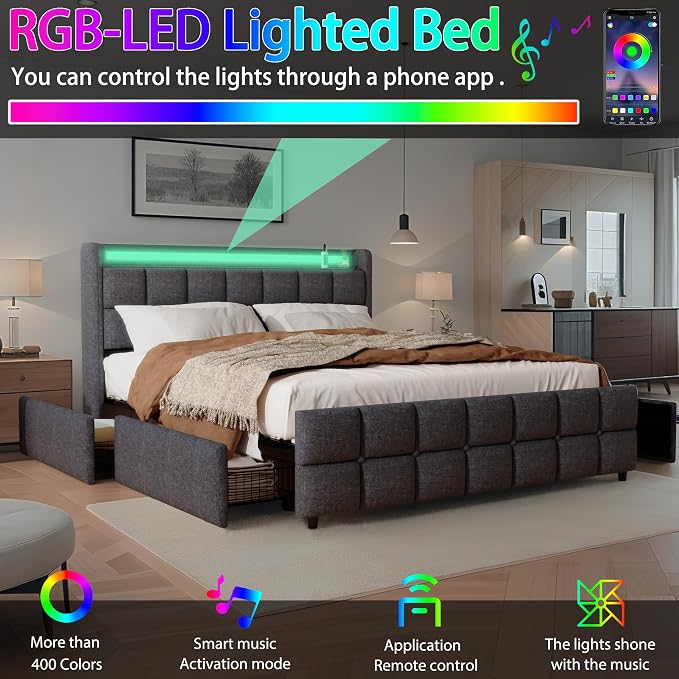Full Size Bed Base with Multiple Color LED Lighting, Linen Upholstered Bed - Image 4