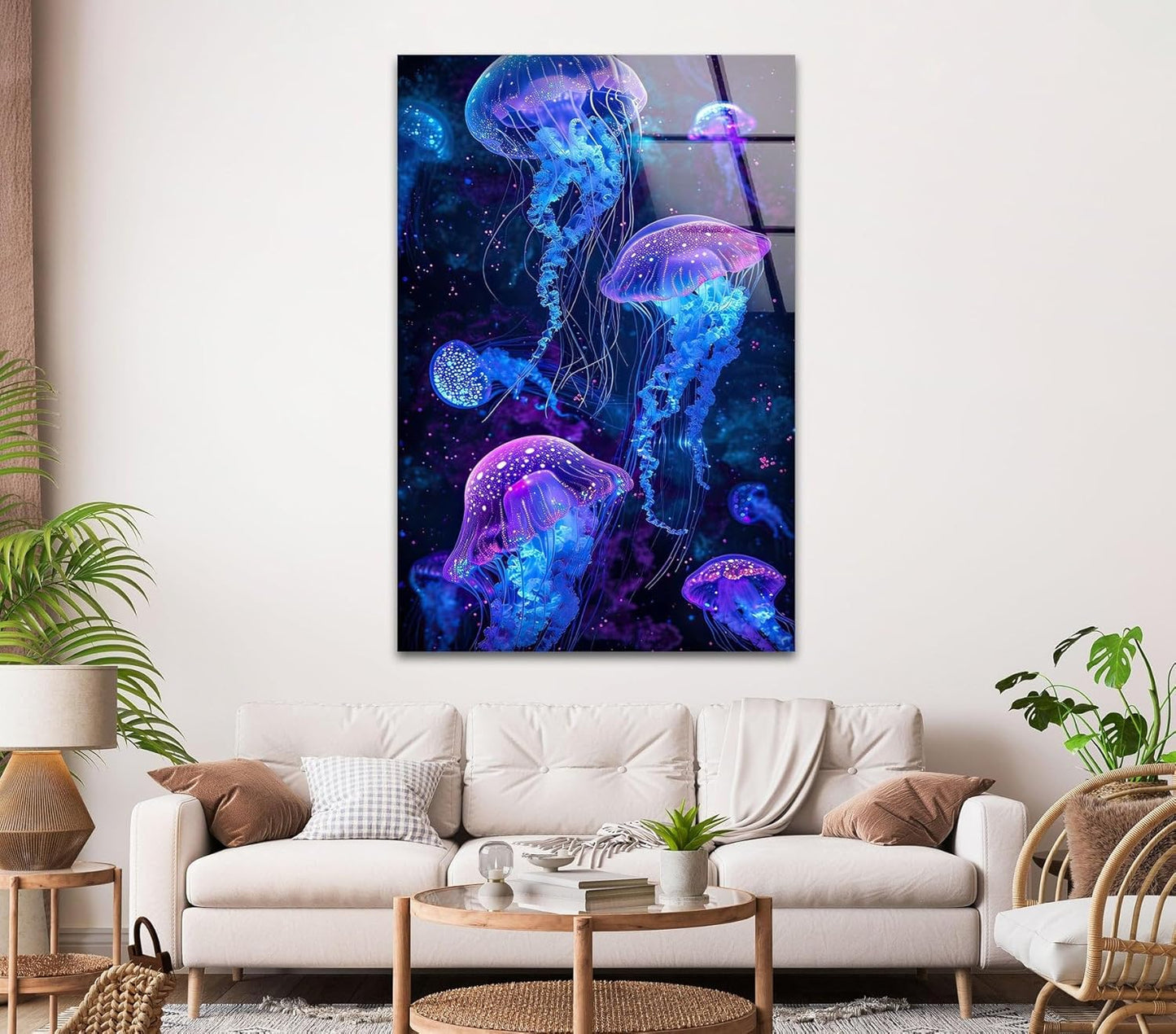 My Photostation.com Round 24'' Glowing Jellyfish Glass Wall Art Tempered Glass Printing Wall Decor Large Wall Art Wall Hangings