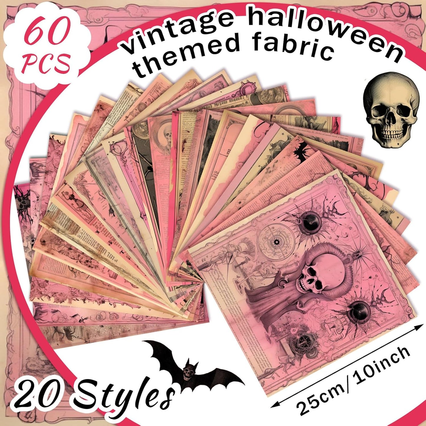 Ganeen 60 Pcs 10 x 10 Inch Pink Halloween Quilting Fabric Squares Vintage Pink Ghost Fat Patchwork Precut Strips Retro Bat Skull Fabric Bundles for Holiday DIY Craft Sewing Quilt Material Handmade