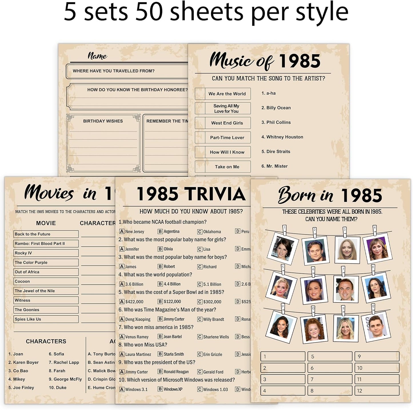 QUPT 40th Birthday Party Games, Set of 5 Activities for 10 Guests, Born in 1985 Games Bundle, Birthday Party Supplies for Adults, Pack of 50 Cards