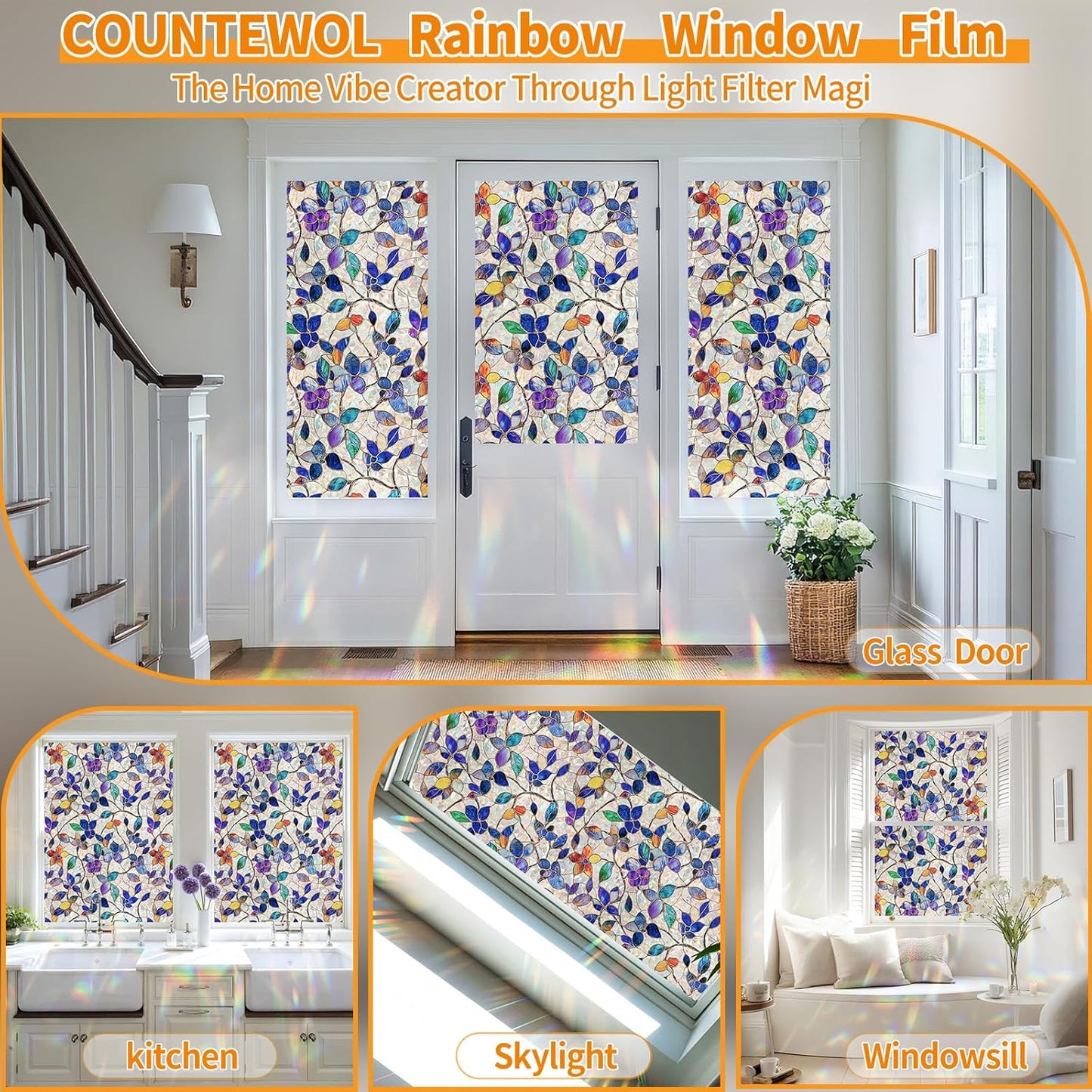 Window Privacy Film Stain Glass Window Film Rainbow Window Film Window clings Non-Adhesive Reusable Decorative for Room (Stained Leaf, 17.5 x 157.4 in)