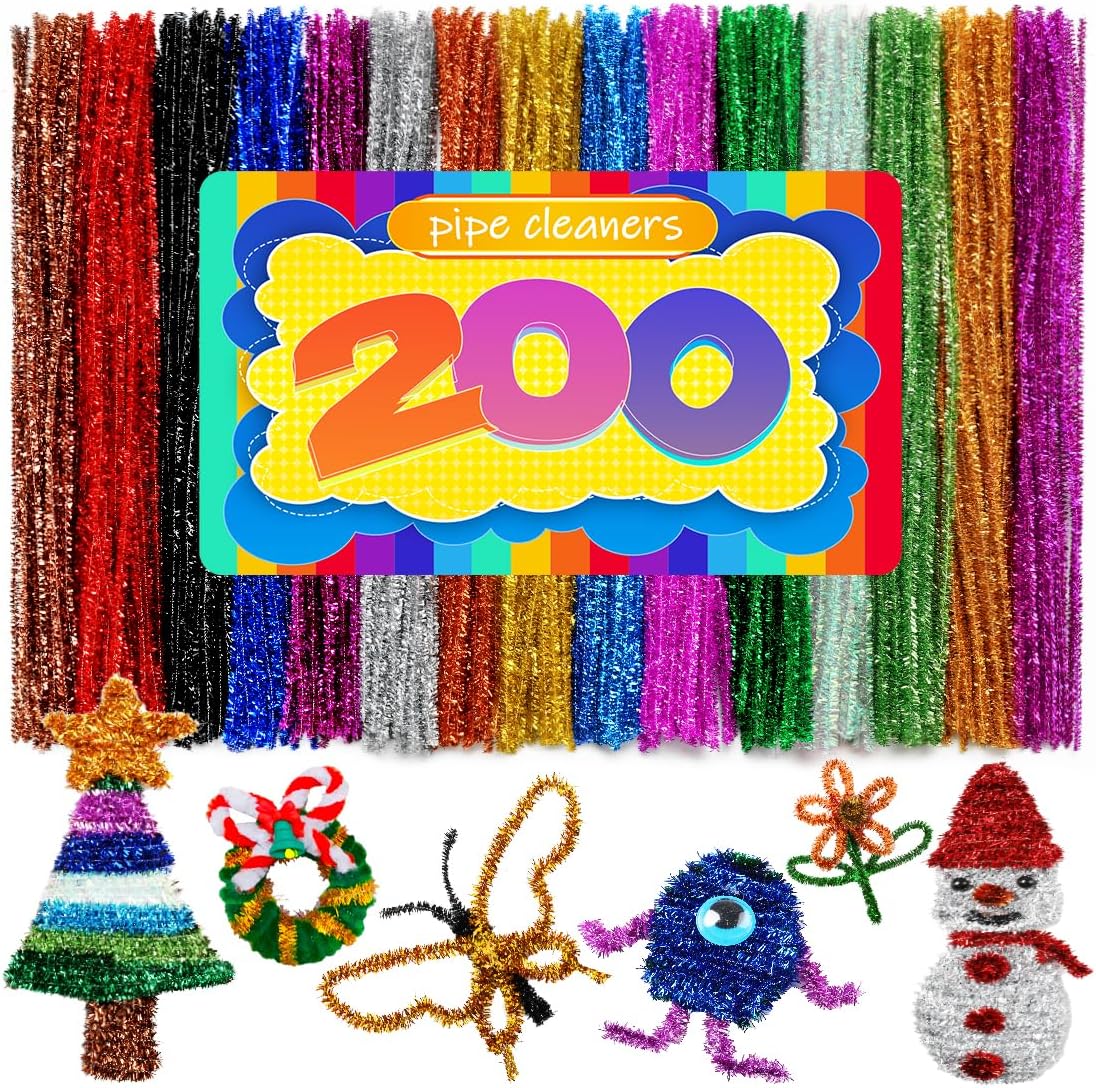 200pcs Pipe Cleaners, Pipe Cleaners for Crafts, Craft Supplies Multicolor Chenille Stems for Art&Craft Christmas DIY Projects(15colors,Glitter)