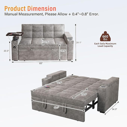 65'' 3-in-1 Convertible Sofa Bed - Image 2