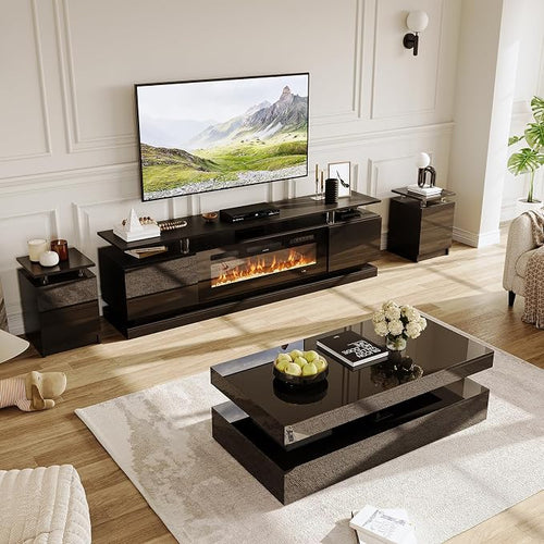 4-Piece Modern Living Room Table Set, Includes High Gloss 70" Fireplace TV Stand by Nordivale