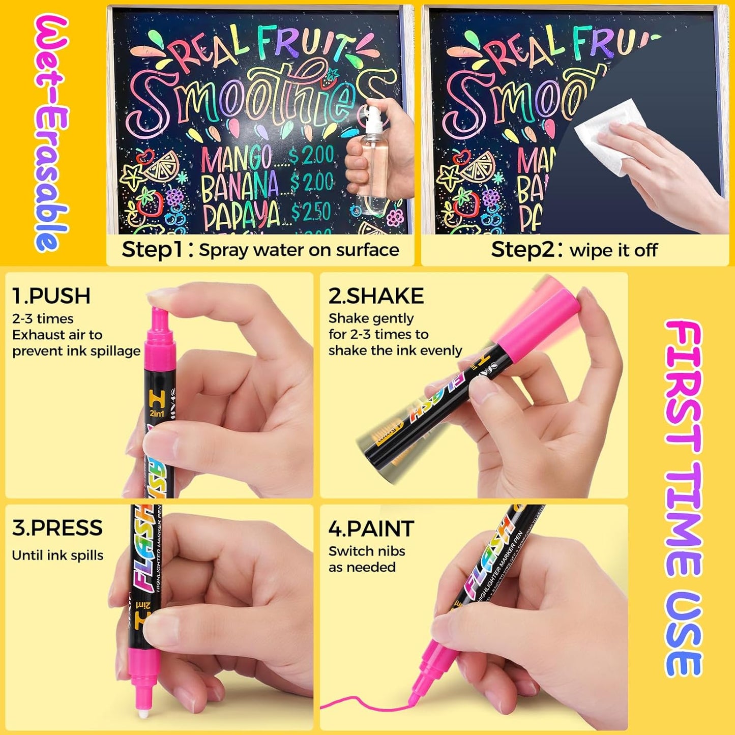 SFAIH Liquid Chalk Markers [1-Second Wet Wipe] - 6mm 30 Colors [Neon+Pastel+Metallic], No Residue, Zero Dust Chalkboard Markers for Whiteboard, Windows, Glass, Signs, With Highlighter Color Marker