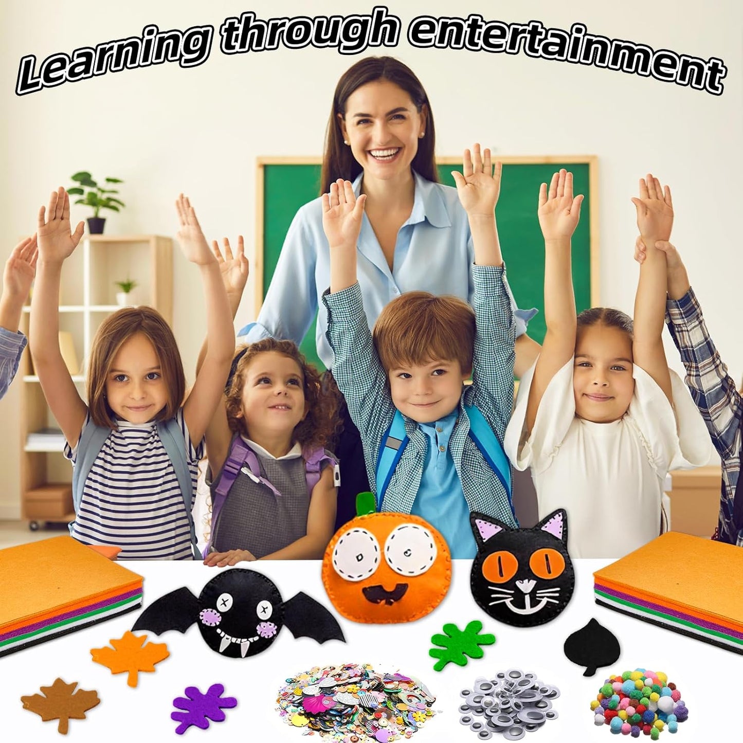 42Pcs Halloween Felt Fabric Sheets 8 x 12 Inch Black Purple Assorted Soft Thick Felt Pack with Wiggle Google Eyes Pom Poms Glitter Patchwork for Halloween DlY Sewing Creative Art Project Decor