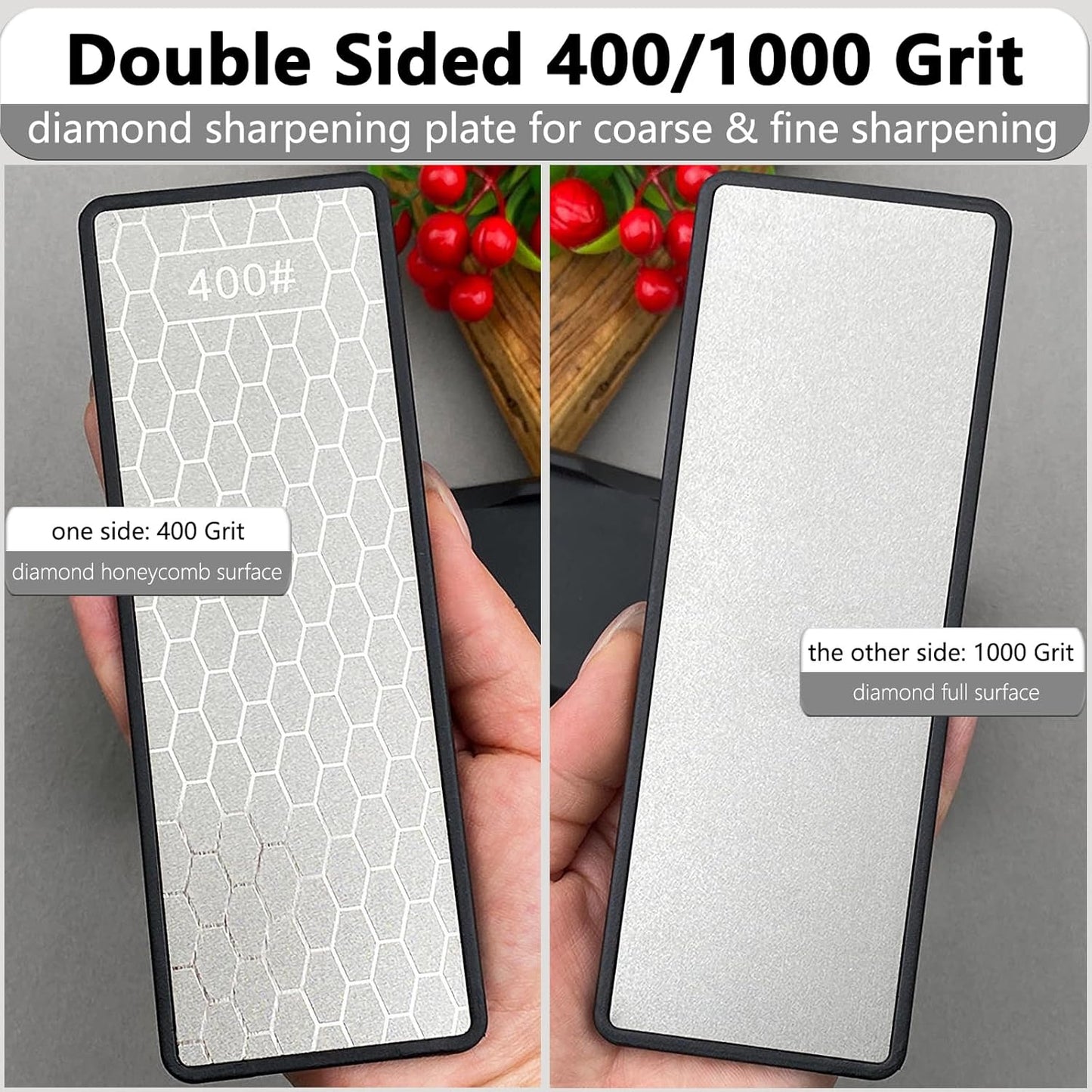 Diamond Sharpening Stone Set, Knife Sharpener Stone, Double-sided Coarse 400 / Fine 1000# | Extra Fine 3000 Grit, 2 Sizes Whetstone Tool with Non-Slip Base, Diamond Plate Honing Stone, Hone Sharpener