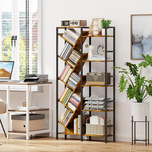 5-Tier Double Wide Bookshelf 67", Industrial Tree BookShelves, Vintage Storage by Cutogxon