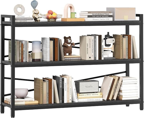 3 Tier Bookcase 47.24" Width, Long Industrial Book Shelf, Vintage Wooden Large by Homeiju