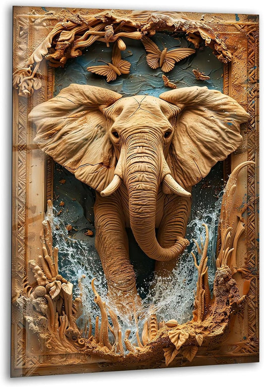 My Photostation.com 32Wx48H'' Elephant Carving Glass Wall Art Tempered Glass Printing Wall Decor Large Wall Art Wall Hangings