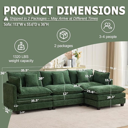 113” Modular Sectional Sofa, L Shaped Cloud Couch - Image 2