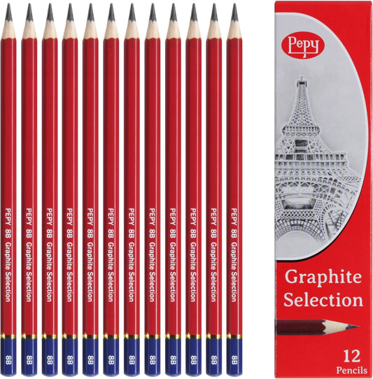 Pepy Graphite Professional Drawing Pencils - Set of 12 8B Pre-Sharpened Black Lead Pencils; Perfect for Drawing, Sketching and Shading, Graphic and Fine Art