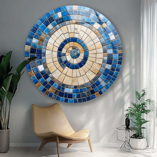 My Photostation.com 15.8''(40cm) Diameter Coastal Sunburst Beige & Blue Round Glass Wall Art Tempered Glass Printing Wall Decor Large Wall Art Wall Hangings