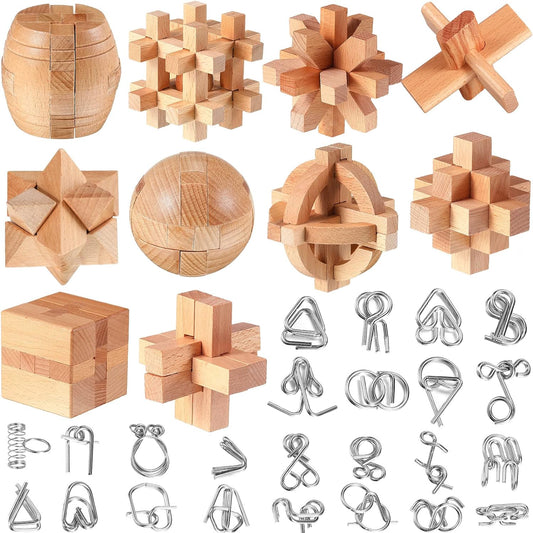 34 Pcs Metal Brain Teaser Puzzles for Kids Adult 3D Wooden Mind Games Puzzle Cube Wooden Brain Games Block Metal Wire Unlock Interlock Game Educational Logic Mind Desktop Toys