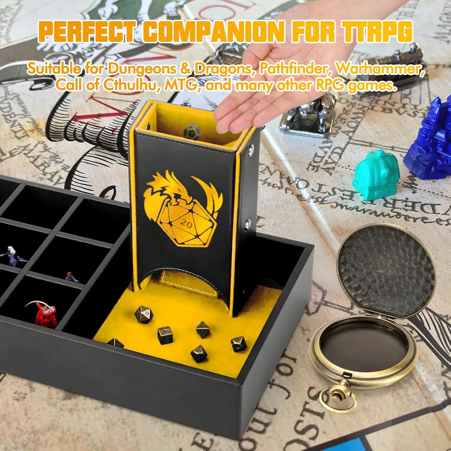 DND Dice Tray & Tower Storage Box, 4 in 1 D&D Dice Holder Case (Dice Rolling Tray, Dice Roller Tower, Dice & Miniature Storage), Great RPG Accessories Gifts for Dungeons and Dragons MTG DM & Player