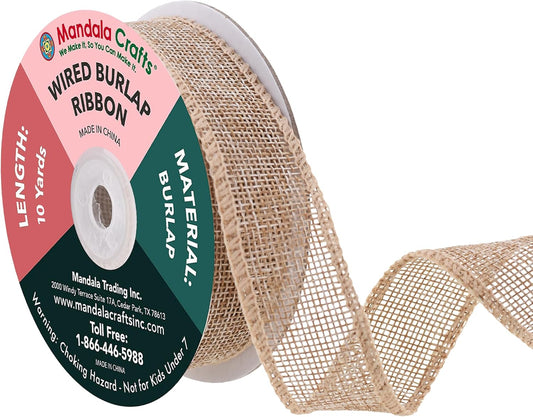 Mandala Crafts Natural Burlap Wired Ribbon 1 Inches Wide Jute Ribbons for Crafts - 10 Yds Roll Rustic Burlap Wrap Trim Ribbons for Wreaths Bows Party Decoration