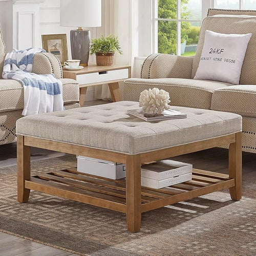 24KF Large Square Upholstered Tufted Linen Ottoman Coffee Table, Large Footrest by WEMARTHOMEDECOR