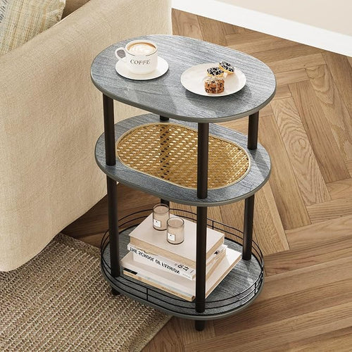 3 Tier Round Side Table with Storage, Oval End Table with Rattan Shelf & Metal by BITYODD-HOME