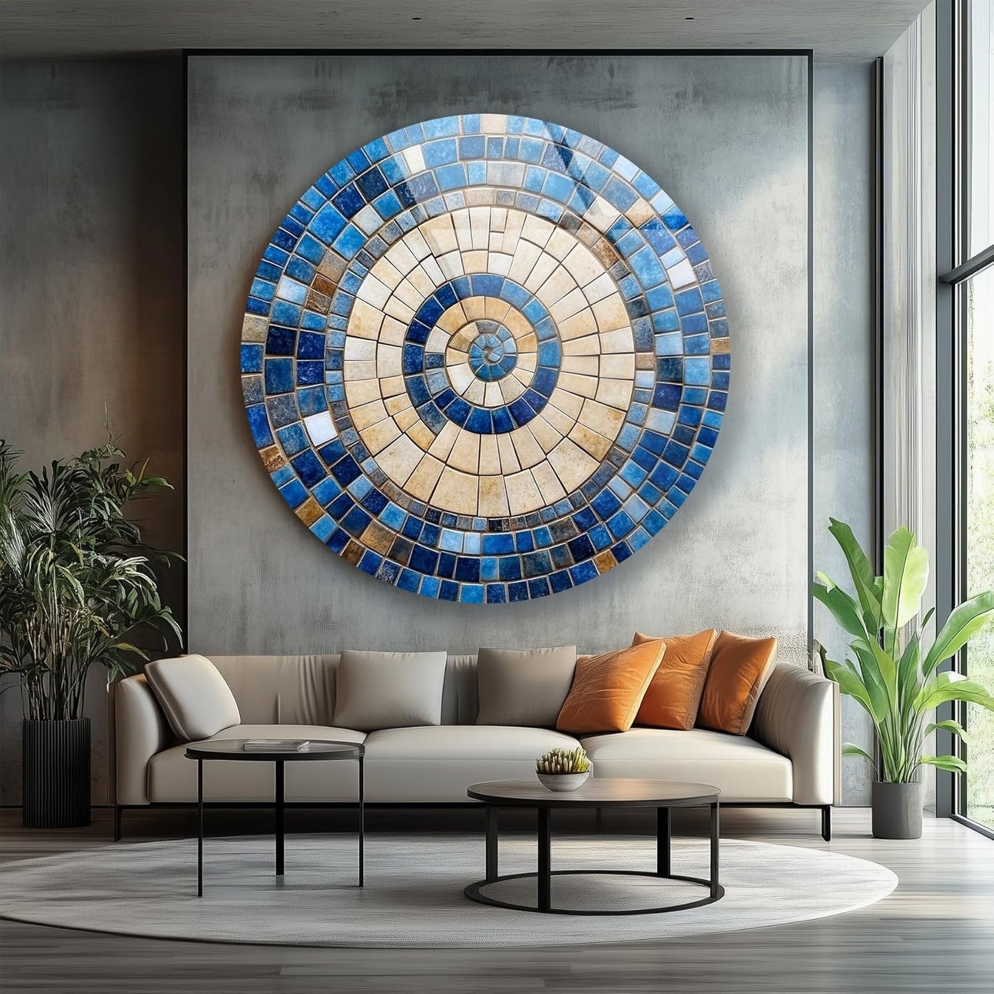 My Photostation.com 15.8''(40cm) Diameter Coastal Sunburst Beige & Blue Round Glass Wall Art Tempered Glass Printing Wall Decor Large Wall Art Wall Hangings