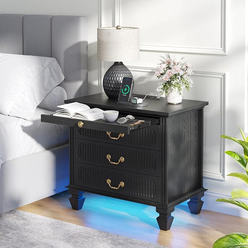 25.6'' Wide Bedside Table with 3 Drawers & Pull-out Tray, Smart Night Stand by FREDEES