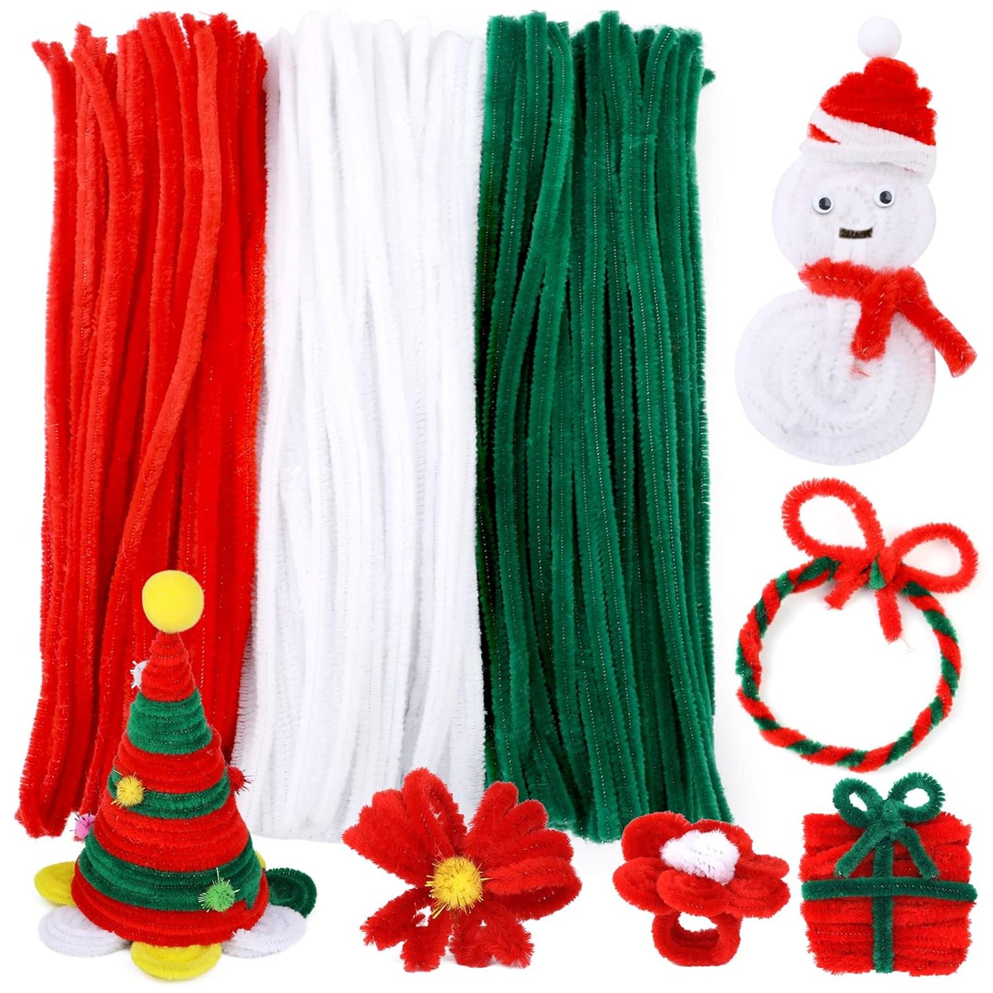 200 PCS Pipe Cleaners, Christmas Craft Pipe Cleaners, Pipe Cleaners Chenille Stems, Pipe Cleaners Bulk, Art Pipe Cleaners for Creative Christmas Decoration Supplies (Red+Green+White)