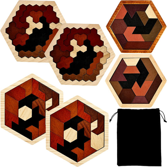 6 Pack Wooden Hexagon Tangram Puzzle Wood Tangram Block Puzzle Set with Storage Bag for Challenge Intelligence Teasers Logic Mind Game
