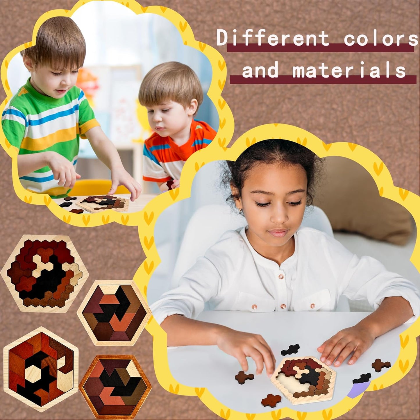 6 Pack Wooden Hexagon Tangram Puzzle Wood Tangram Block Puzzle Set with Storage Bag for Challenge Intelligence Teasers Logic Mind Game