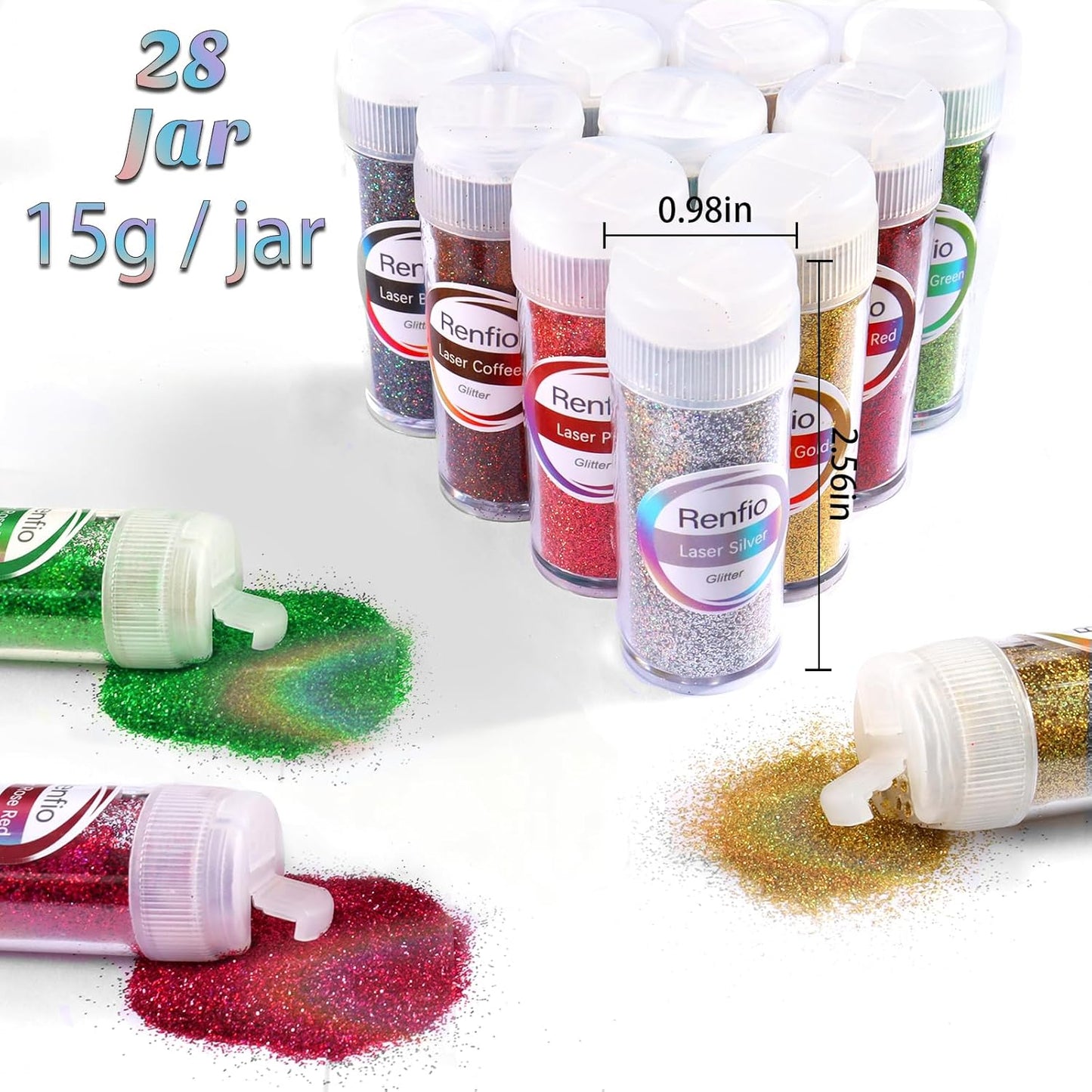 Renfio 28 Colors Holographic Glitter Set, 14.81oz 420g Ultra Fine Glitter Powder PET 1/128" 0.008" 0.2mm Resin Suppies Assorted Craft Glitter for Fake Nails, Resin Art, Tumblers, Slime, Hair, Bomb