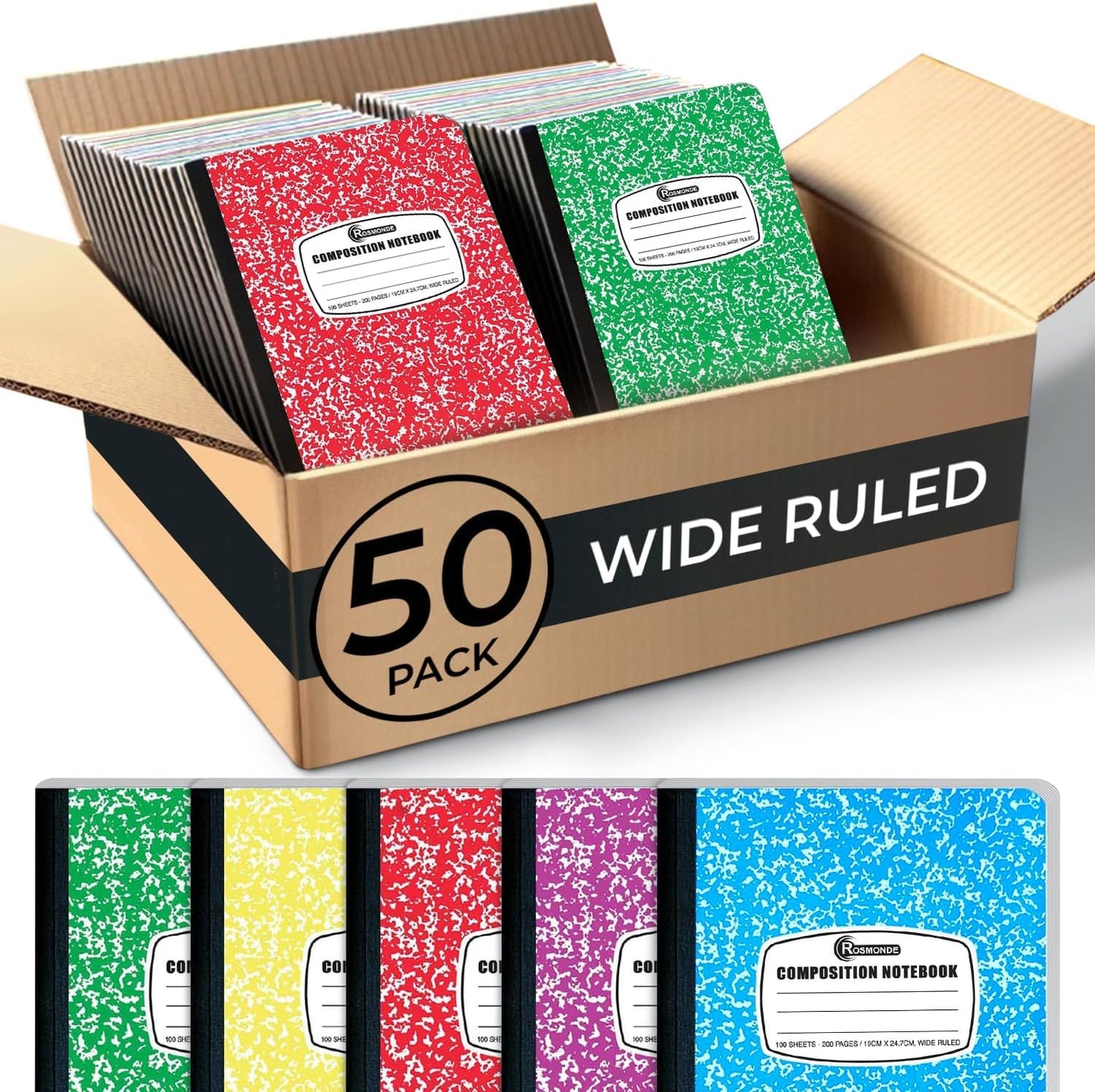 Rosmonde 50 Pack Bulk Composition Notebooks, Wide Ruled, 200 Pages (100 Sheets), 9-3/4 x 7-1/2, Hard Cover, Bulk School Supplies, Assorted Colors Marble Composition Journal, Bulk Notebooks for School