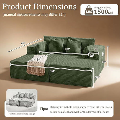 72" Cloud Sectional Couch, Comfort Sleep Sofa - Image 2