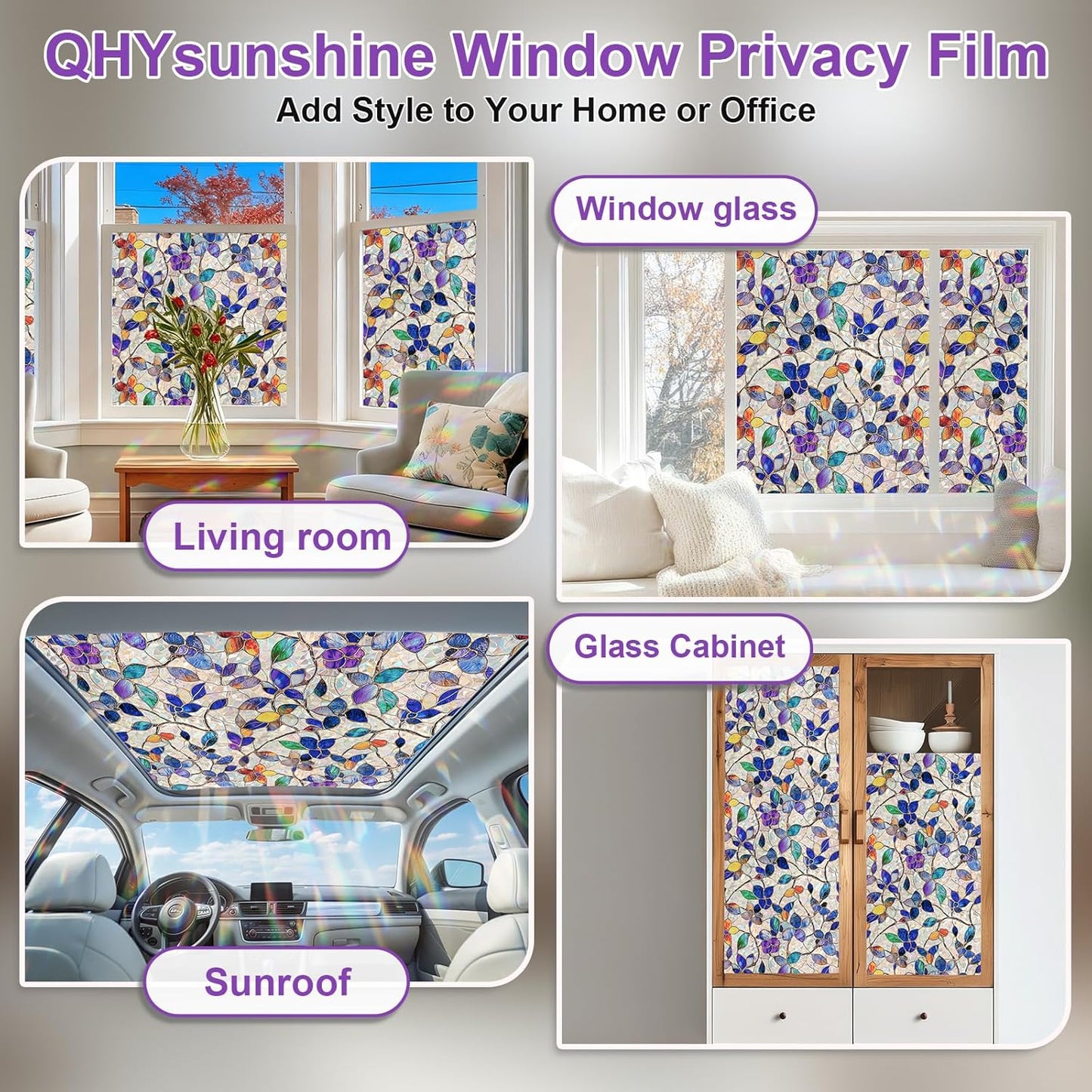 Stained Glass Window Privacy Film Decorative Rainbow Static Clings – Ideal for Home & Office, Adhesive-Free, Removable, UV-Blocking (Purple Rainbow, 35.4 X 78.7 in)