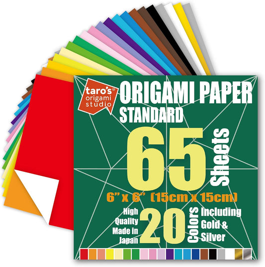[Taro's Origami Studio] Standard 6 Inch One Sided 20 Colors 65 Sheets Square Easy Fold Premium Japanese Paper for Beginner (Gold and Silver Included) Made in Japan
