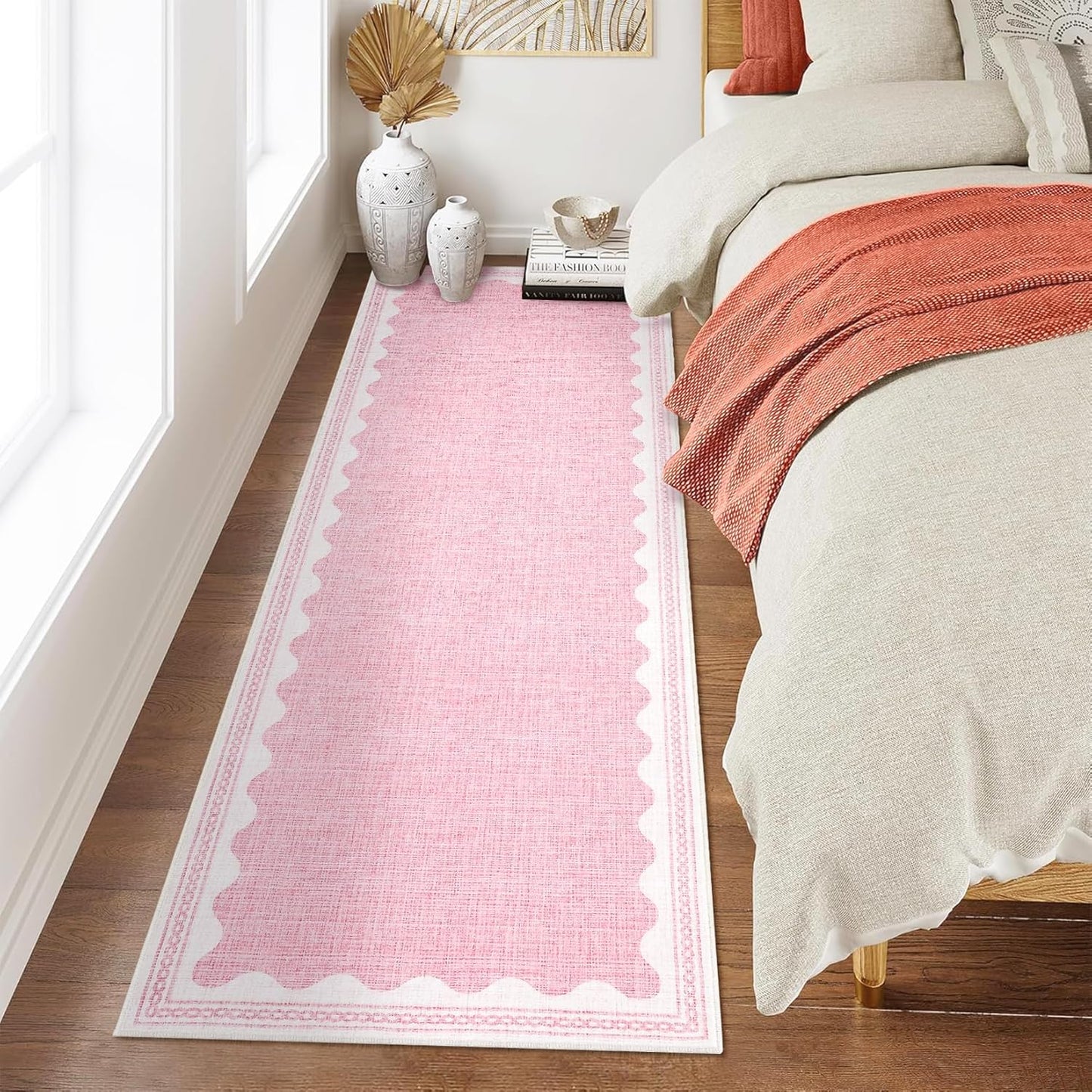 Scalloped Rug 2.5x8 Runners for Hallways, Solid Pink Runner Rugs Non Slip Scalloped Bath Runner, Washable Mat for Bedroom Girls, Rugs for Kitchen Floor Soft Dorm Nursery Carpet for Bedside
