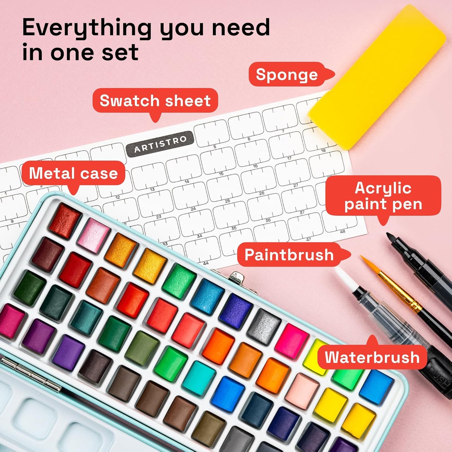 ARTISTRO Watercolor Paint Set Portable, Palette Set with Metallic Colors for Workbooks - Mini Travel Painting Kit for Artists, Professionals, Adults, Kids, Girls&Boys - Art Supplies, Christmas Gift