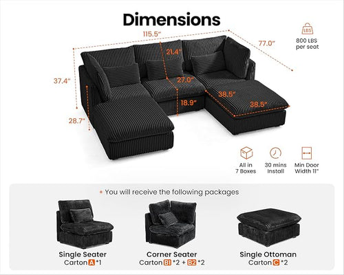 115" Oversized Corduroy Couch Modular Sectional Sofa, Washable Cloud Couch - Image 2