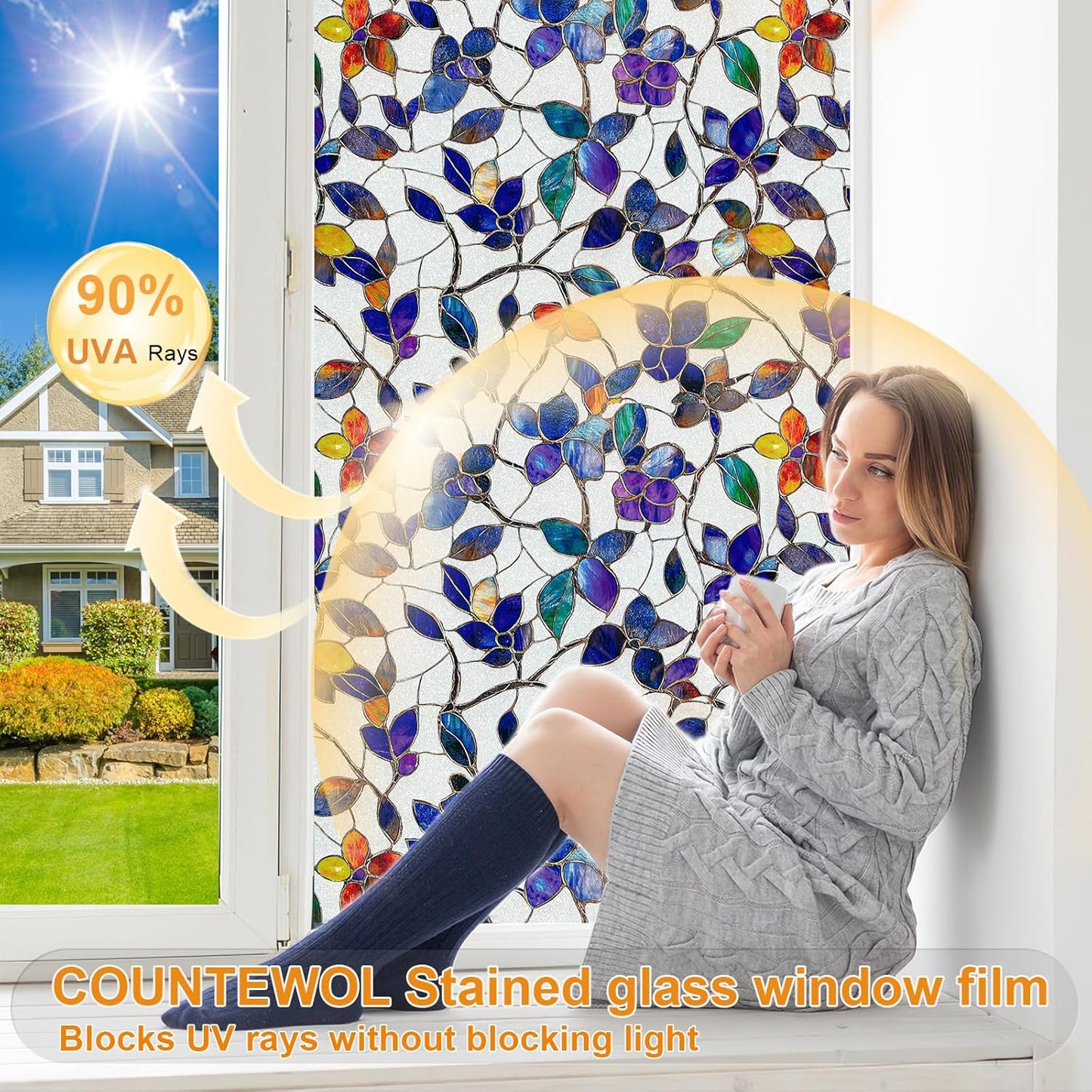 Window Privacy Film Stain Glass Window Film Rainbow Window Film Window clings Non-Adhesive Reusable Decorative for Room (Frosted Stained Leaf, 35.4 x 78.7 in)