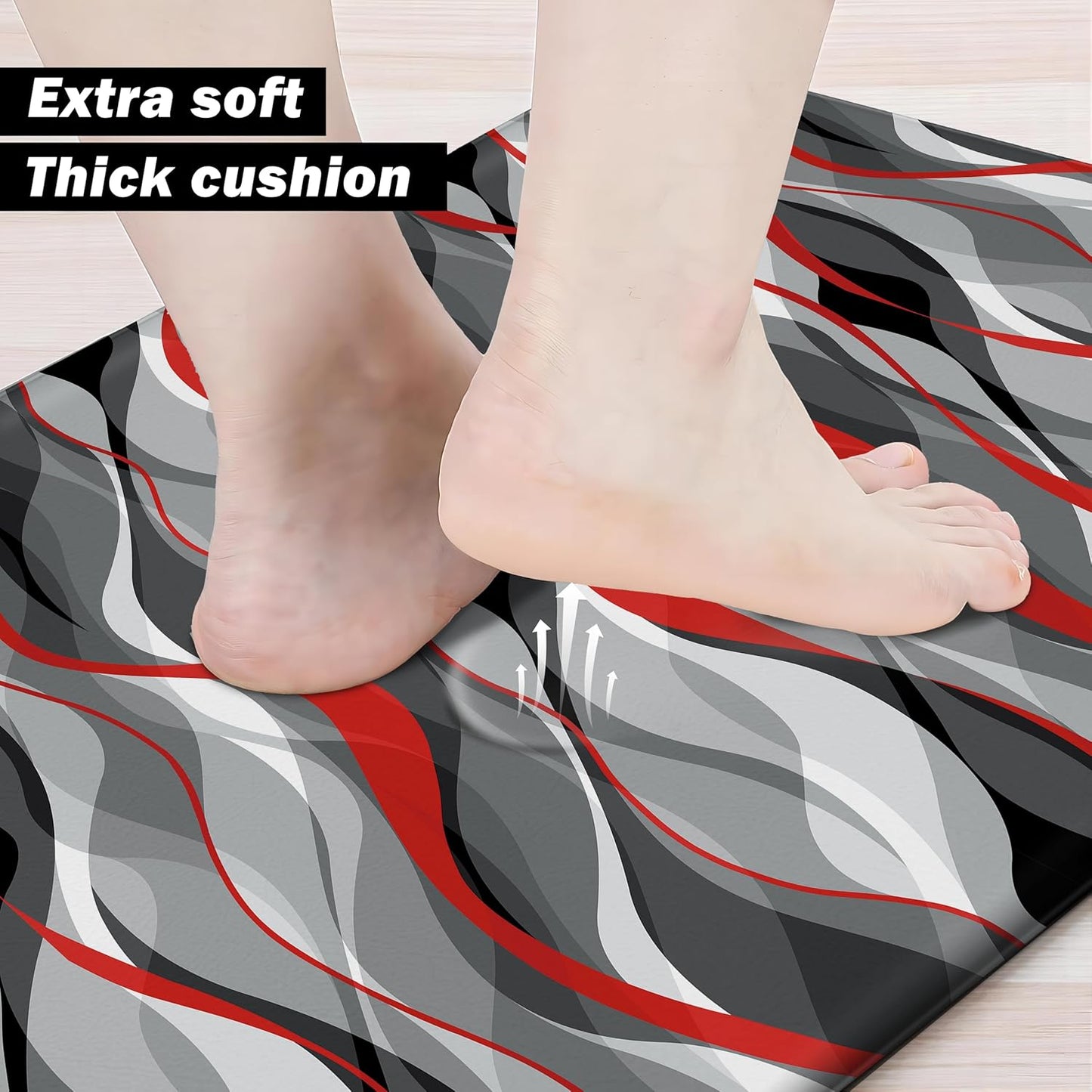 Kitchen Mats for Floor Modern Abstract kitchen rugs Grey and Red Stripe Anti Fatigue Kitchen Mats Waterproof Floor Mats Cushioned Non-Skid Standing Mats for Kitchen, Set of 2,17.3 x 28+17.3 x 47