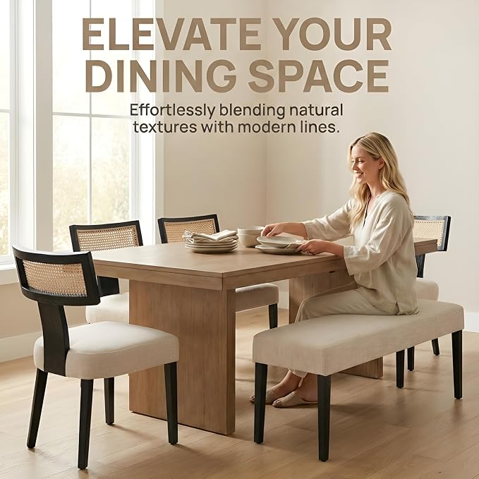 HNY Mid Century Modern Rattan Dining Chairs Set of 4, Farmhouse Linen - Image 7