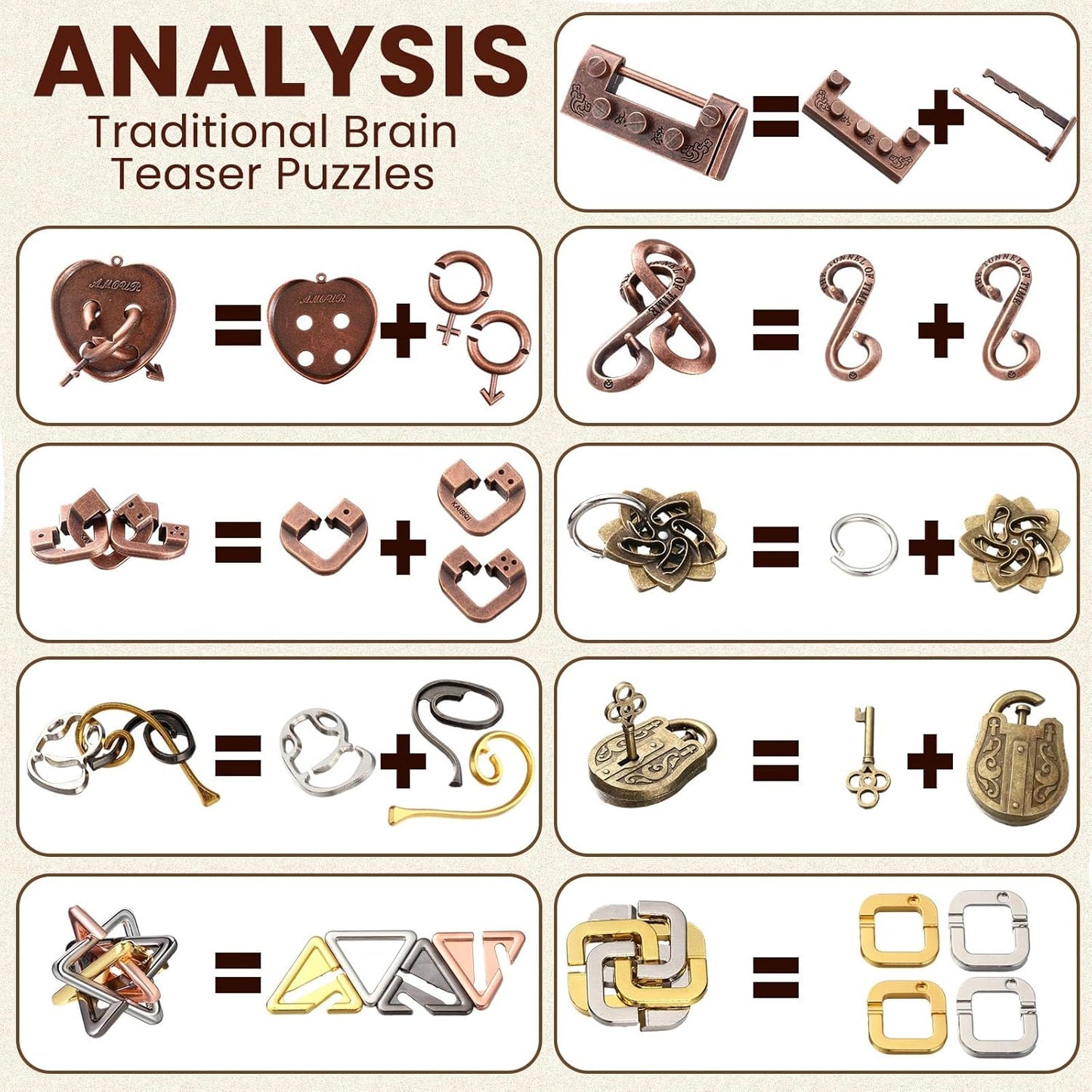 Wettarn 9 Pcs Metal Brain Teaser Puzzles Teaser 3D Steel Puzzle for Adults Unlock Interlocking Games IQ Education Smart Logic Test Toys for Adults Mind Challenge(Fun Style)