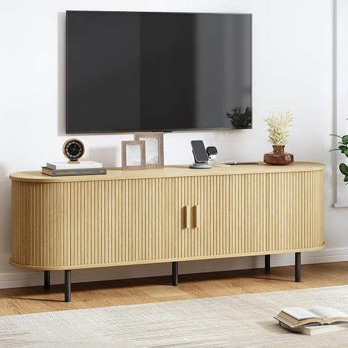 63" TV Stand with Power Outlet, Modern Media Console with Sliding Doors by ComfyCorner