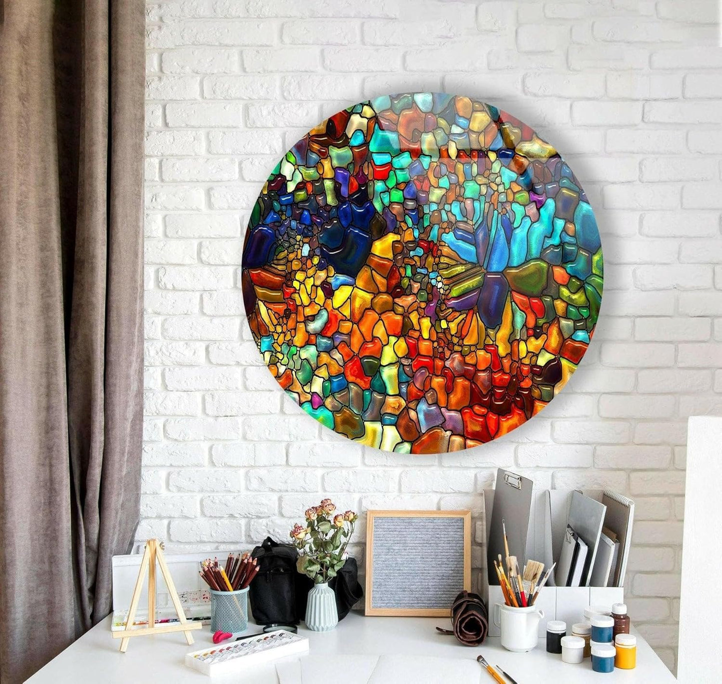 My Photostation.com 31.5''(80cm) Diameter Red Mosaic Round Glass Wall Art Tempered Glass Printing Wall Decor Large Wall Art Wall Hangings