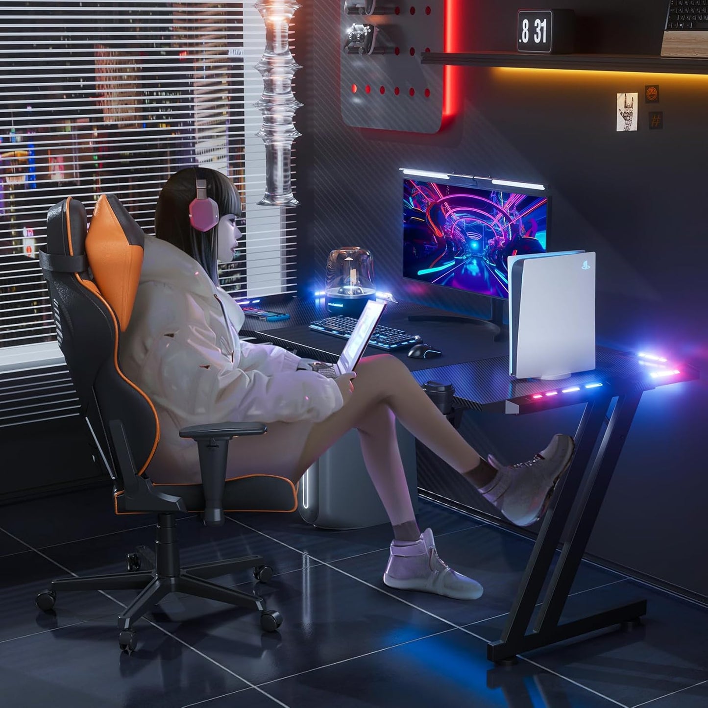 HLDIRECT 55 Inch Gaming Desk with LED Lights Carbon Fibre Surface Gaming Table Large Computer Desk Ergonomic Home Office Desks Z Shaped PC Gamer Workstations with Cup Holder & Headphone Hook Black