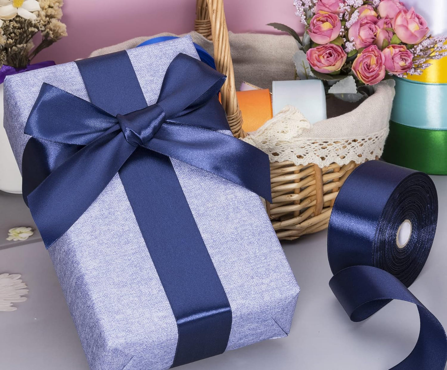 1 1/2 Inch Navy Solid Satin Ribbon, 50 Yards Craft Fabric Ribbon for Gift Wrapping Floral Bouquets Wedding Party Decoration